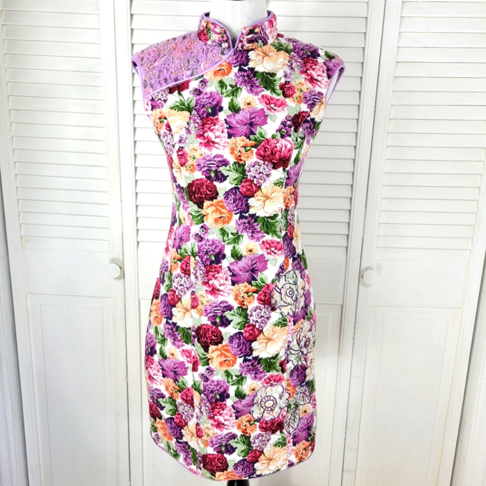Women Tang Dynasty cheongsam qipao sheath floral chinesse mandarin collar dress